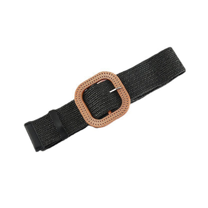 Women's Straw Woven Round Square Buckle Dress Belts