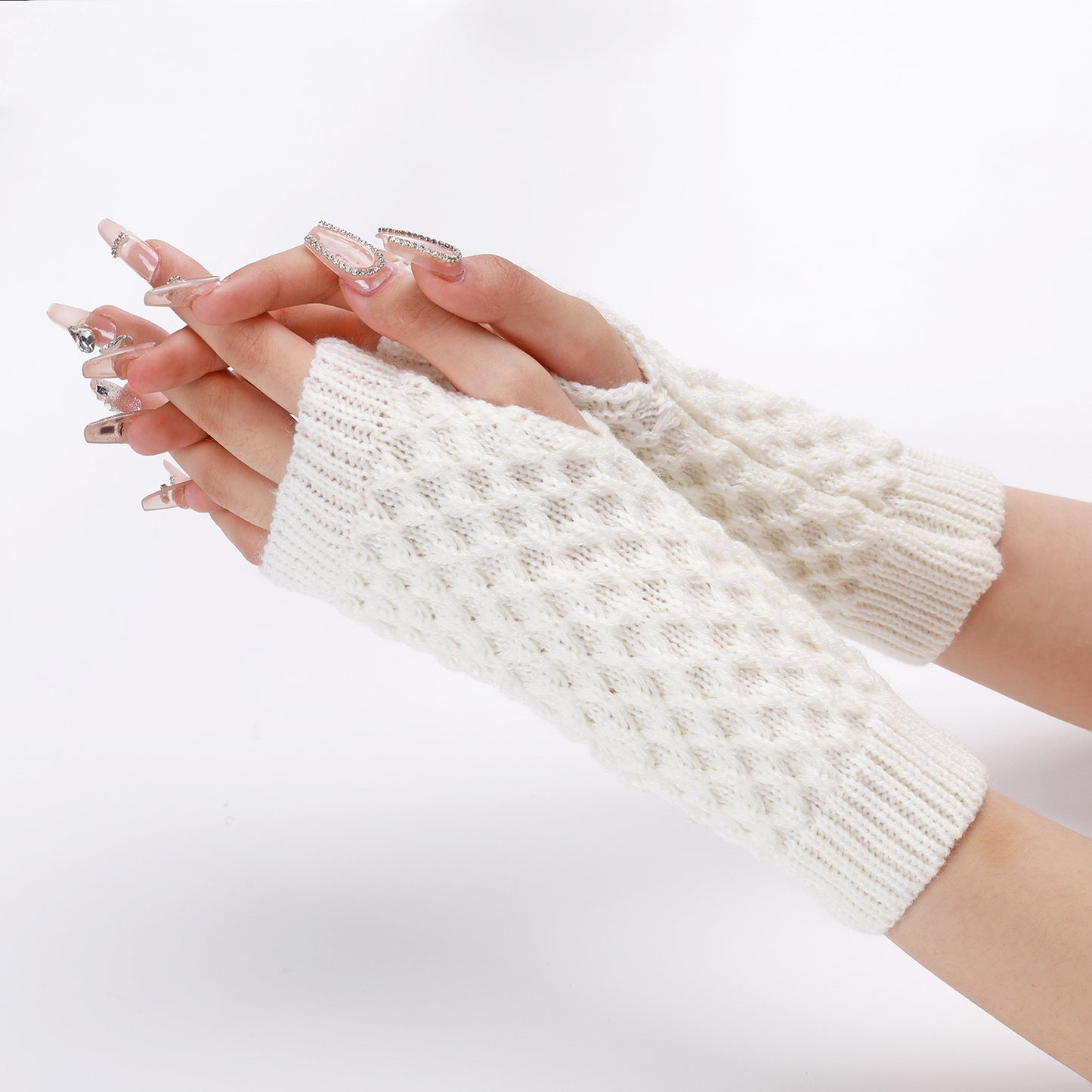 Women's Short Pineapple Flower Knitted Wool Oversleeve Warm Half Finger Gloves