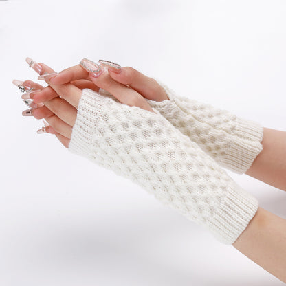 Women's Short Pineapple Flower Knitted Wool Oversleeve Warm Half Finger Gloves