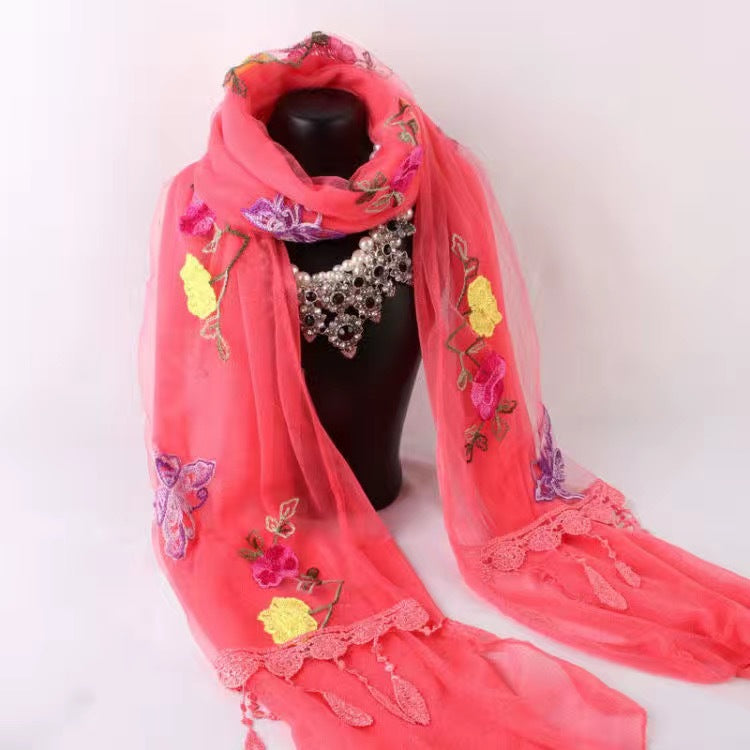 Women's Korean Embroidery Stitching Lace Solid Color Scarfs