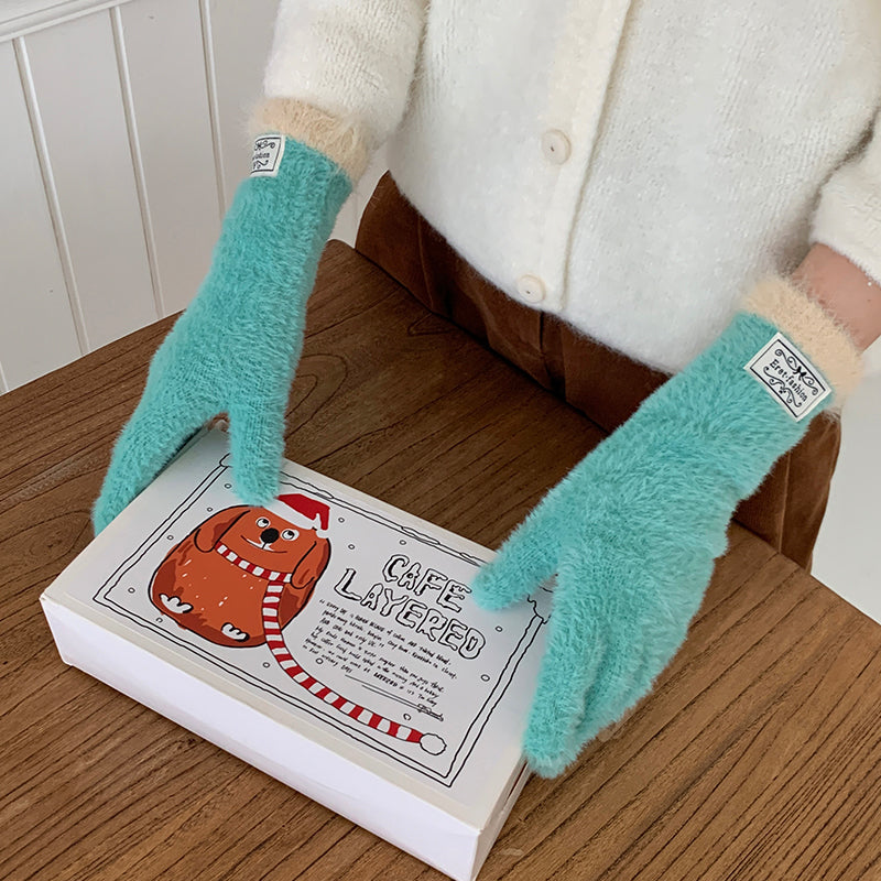 Plush Open Finger Touch Screen Five Female Winter Gloves