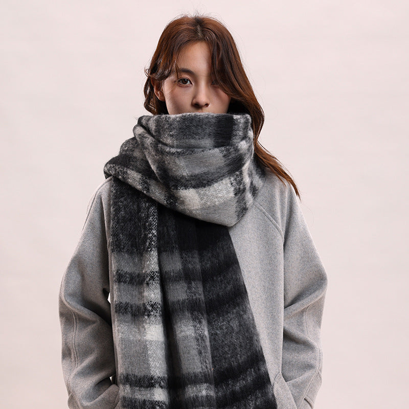 Women's High-grade Mohair Black White Plaid Korean Scarfs