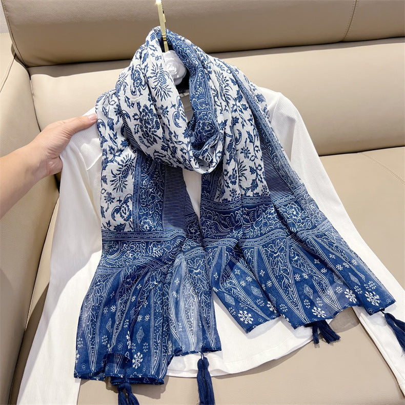 Women's White Porcelain Small Fresh Tassel Printed Cotton Scarfs