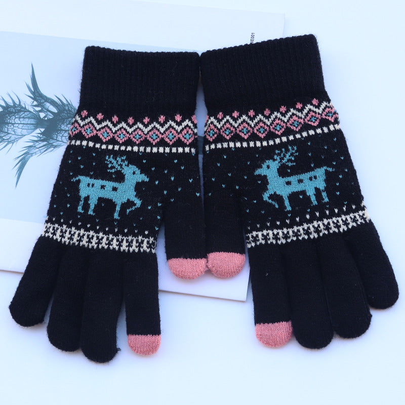 Female Deer Jacquard Fleece Lining Thickened Mobile Phone Gloves