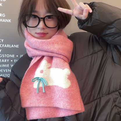 Women's Bunny Pink Knitted Warm Bow Casual Scarfs