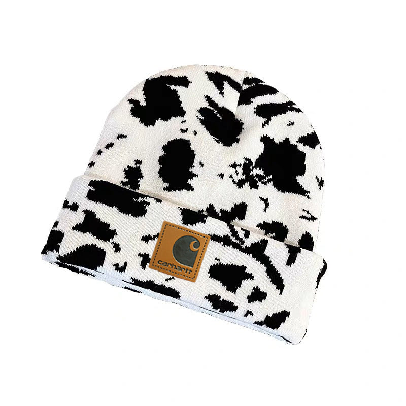 Women's Black White Retro Fashion Cows Pattern Knitted Wool Hats & Caps