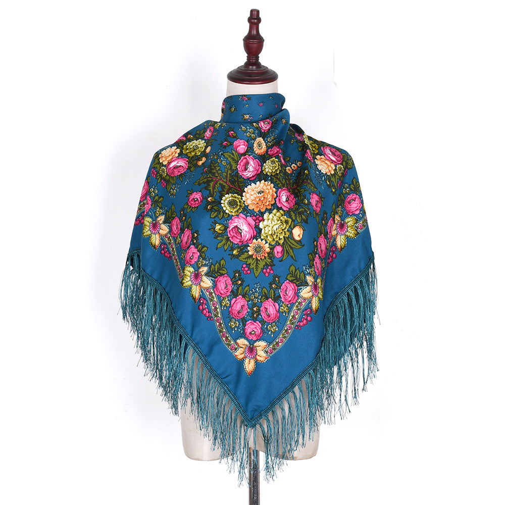 Women's Style Tassel Flowers Printed Spring Travel Embroidered Square Scarfs