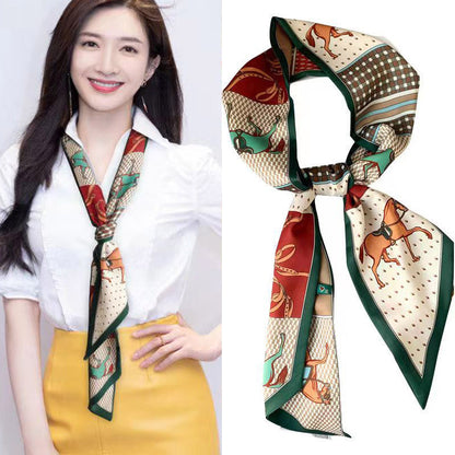 Thin Narrow Strip Imitated Silk Female Scarves