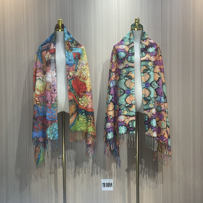 Women's Oil Painting Shawl Outer Match Tassel Scarfs