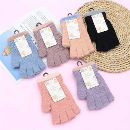 Korean Style Winter Cute Open Finger Wool Gloves