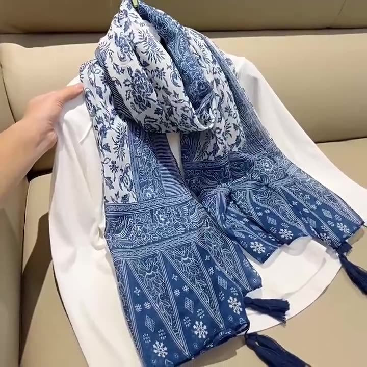 Women's White Porcelain Small Fresh Tassel Printed Cotton Scarfs