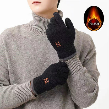 Screen Knitted Thickened Fleece-lined Full Finger Five Embroidery Gloves