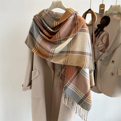 Women's Plaid Atmosphere Versatile Fashionable Thick Warm Tassel Scarfs