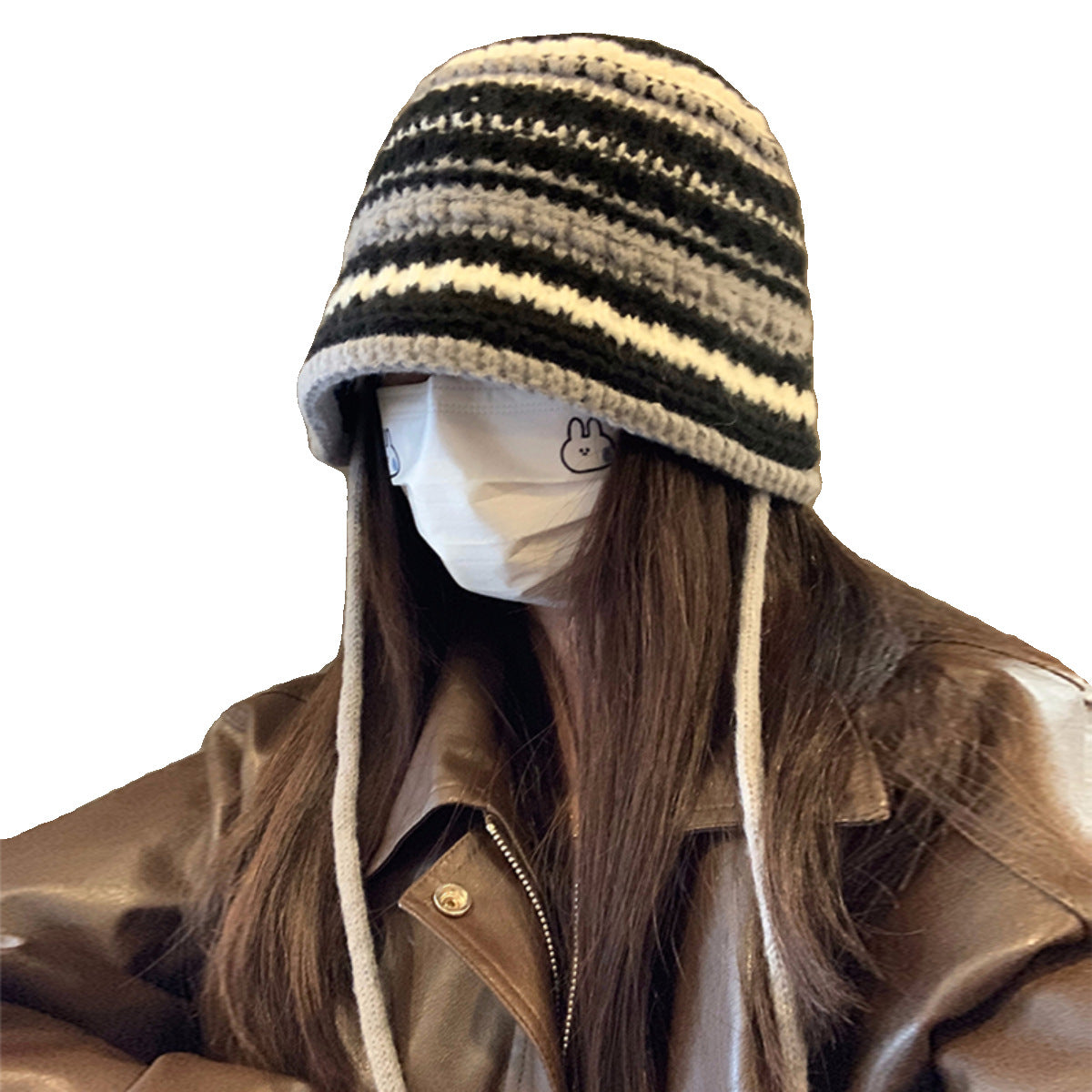 Women's Stripes Woolen Bucket Face Slimming Ear Hats & Caps