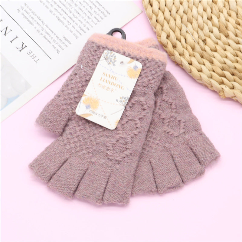 Korean Style Winter Cute Open Finger Wool Gloves