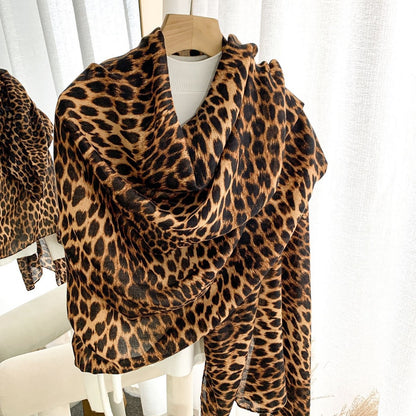 Women's Leopard Print Herringbone Cotton Linen Warm Scarfs