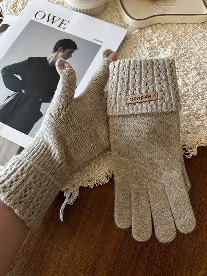 Women's Knitted Cashmere Solid Color Labeling Wrist Guard Gloves